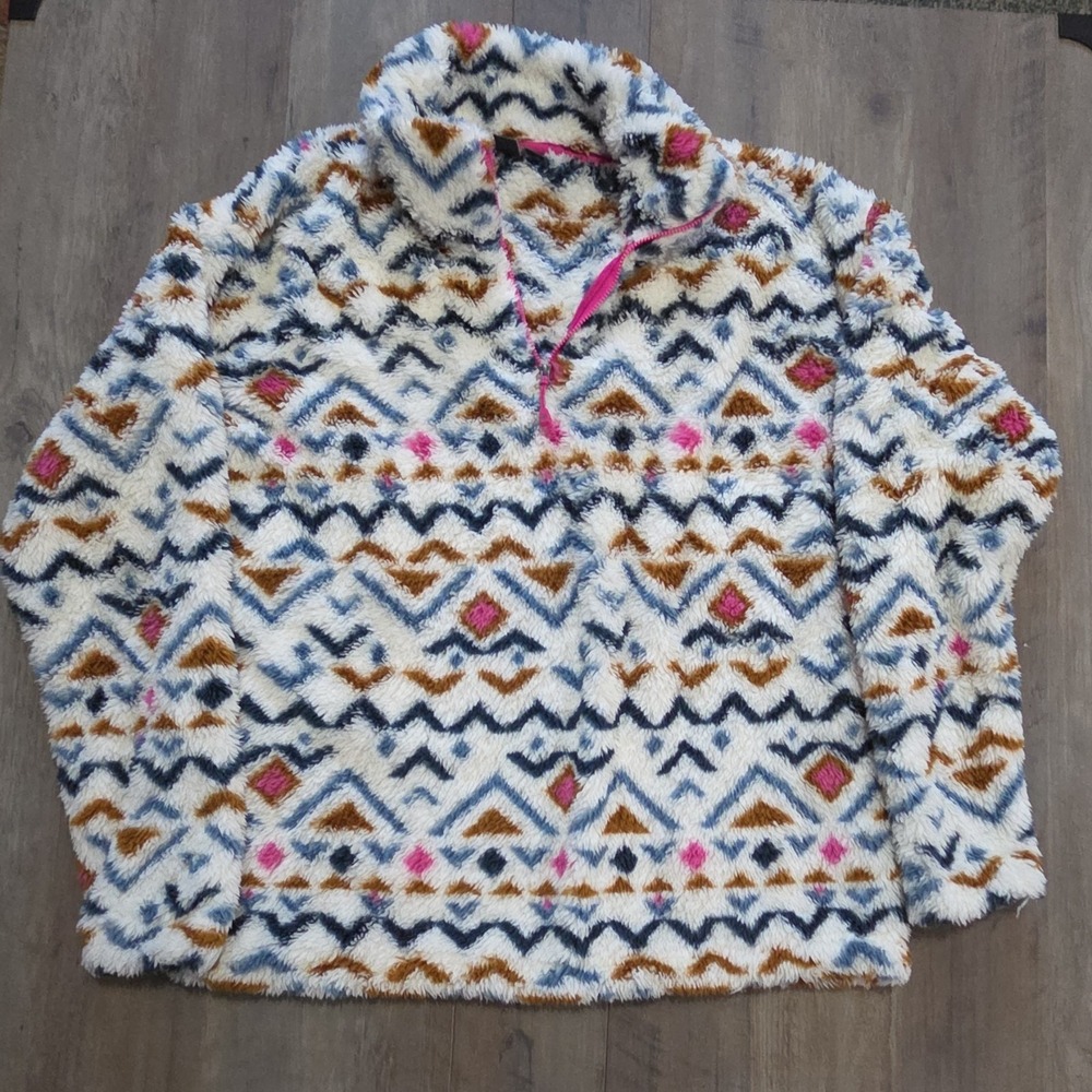 Eddie Bauer Plush Fleece 1/4 Zip Pullover Women's L White Aztec Southwestern